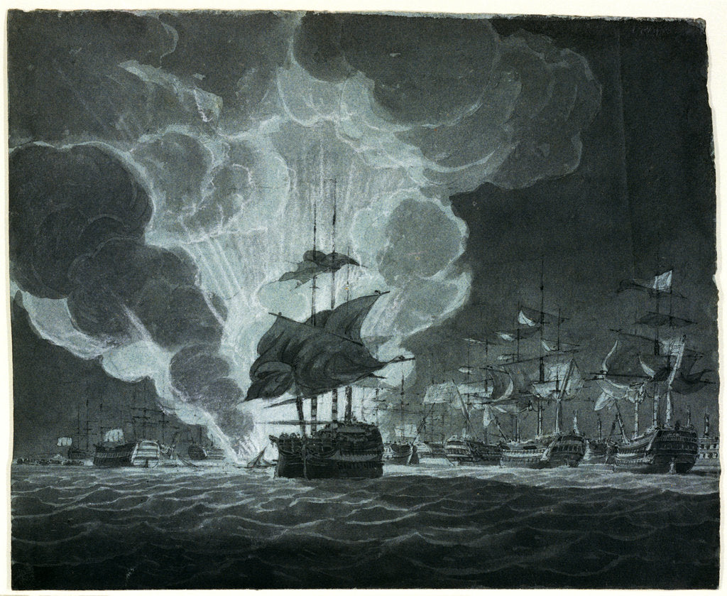 Detail of Fleet with a ship on fire by Robert Cleveley