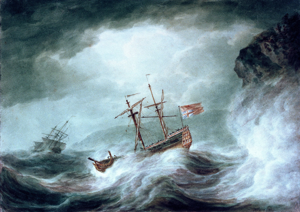 Detail of A storm, with an anchored ship in distress off rocky coast by Nicholas Pocock