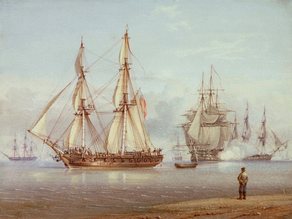 Detail of Action with English frigate in foreground. Clio - Light air by William Joy