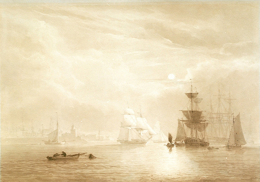 Detail of Shipping becalmed off a port by moonlight by John Christian Schetky