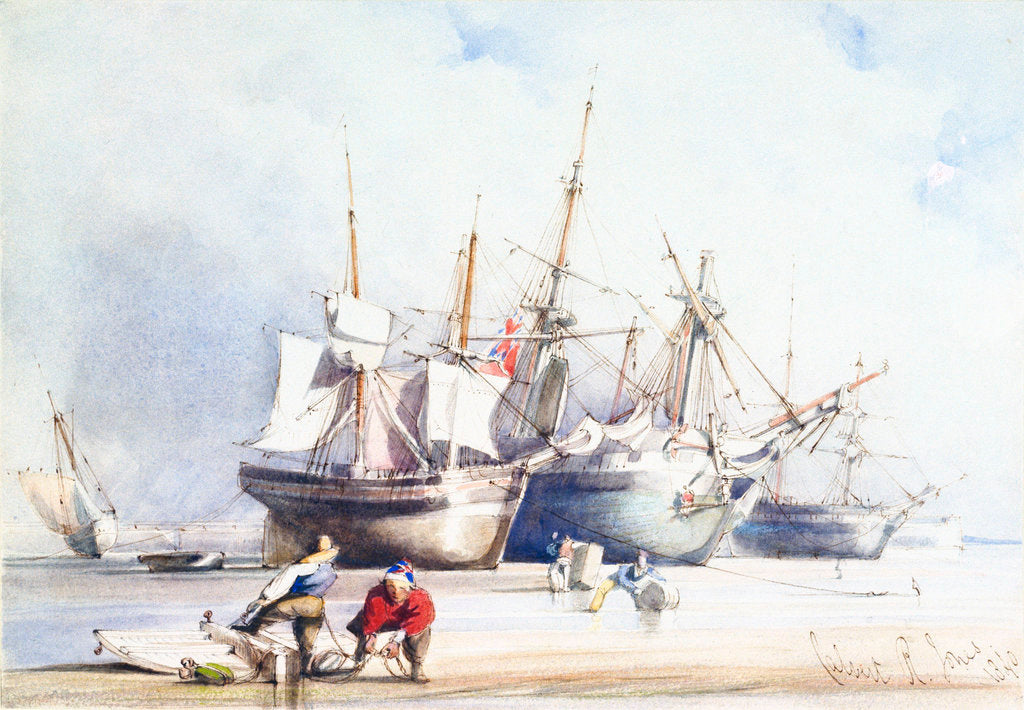Detail of Beached trading vessels and fishermen with block and tackle in foreground, Swansea by Richard Calvert Jones