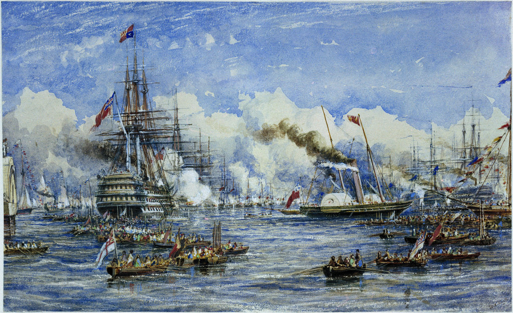Detail of Her Majesty's visit to the Flagship, 11 August 1853, showing 'Duke of Wellington' and 'Victoria & Albert' by William Adolphus Knell