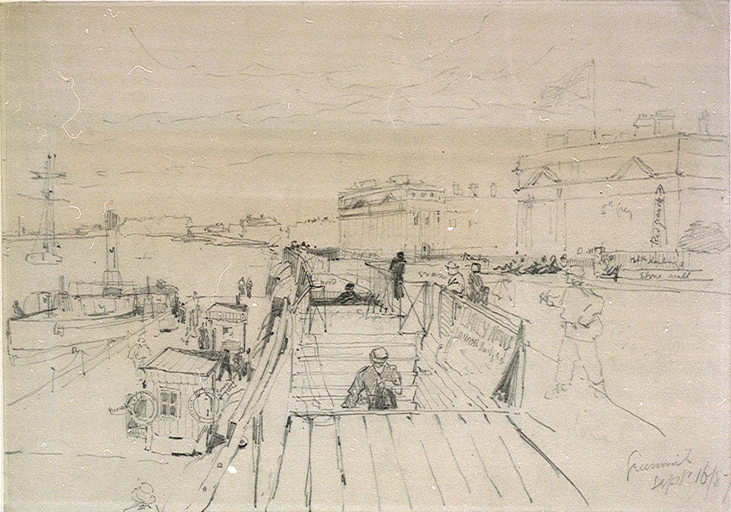 Detail of Annotated drawing of Greenwich Pier with a view of the Hospital buildings by Thomas Bush Hardy