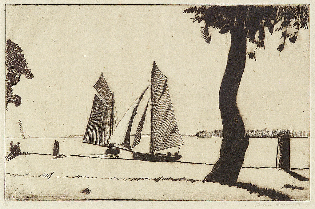 Detail of Sailing vessels near a river bank with a tree by John Everett