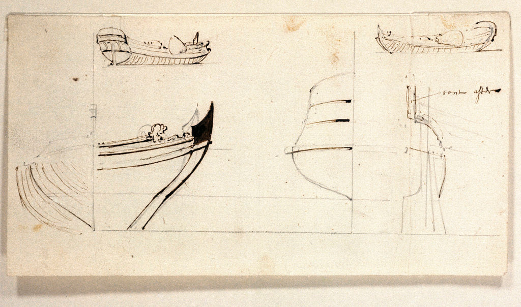 Detail of Two views of yacht and profiles of bow and stern by Willem Van de Velde the Younger