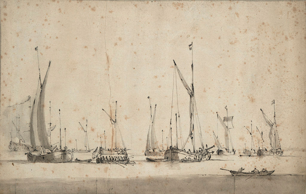 Detail of Three galjoots underway and another at anchor by Willem Van de Velde the Younger
