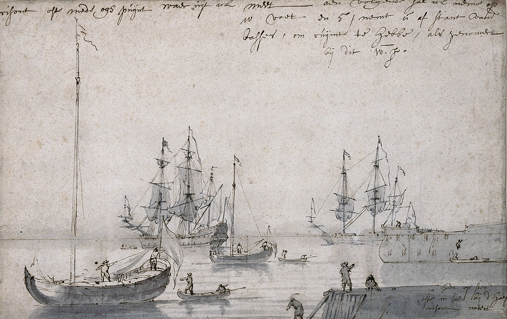 Detail of Two Dutch yachts and several ships at anchor by Willem Van de Velde the Younger