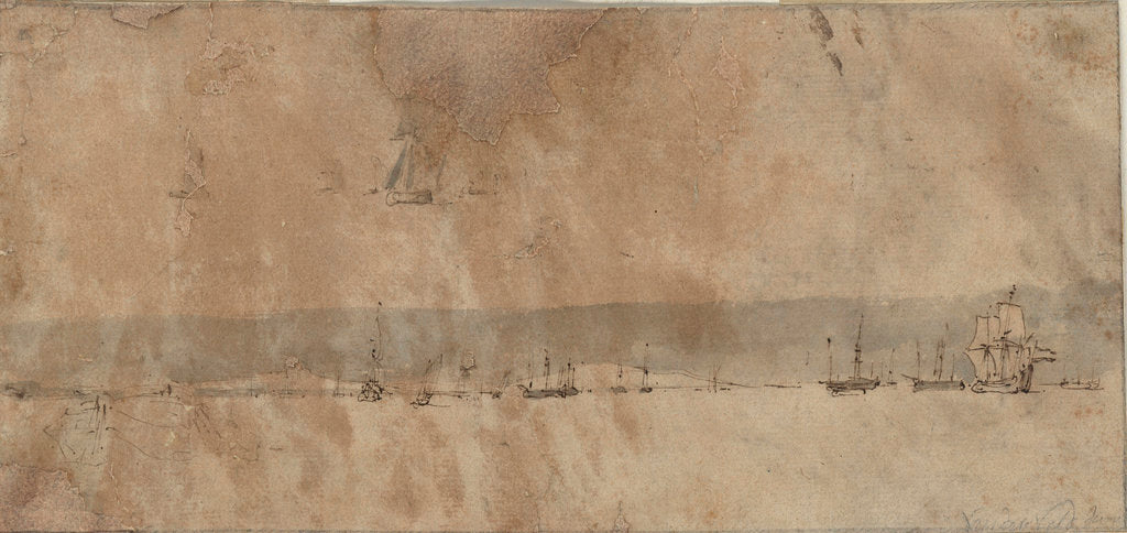 Detail of Distant vessels silhouetted against a coastline by Willem van de Velde the Elder