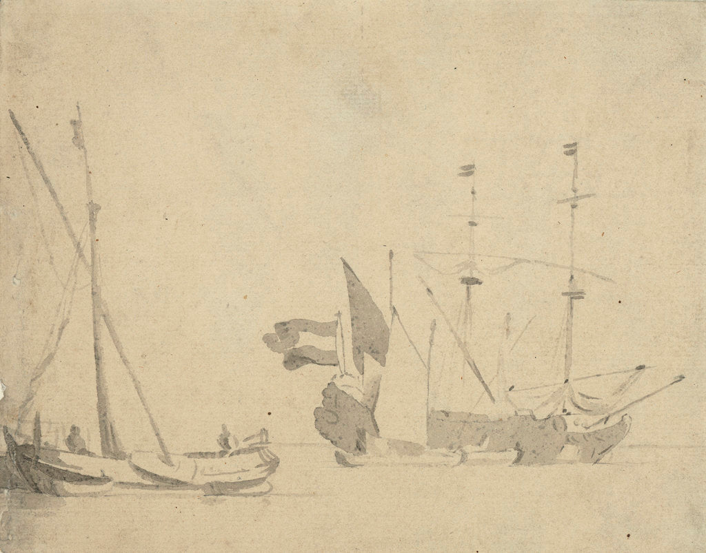 Detail of A boeier at a pier and a Dutch ship at anchor by Willem Van de Velde the Younger