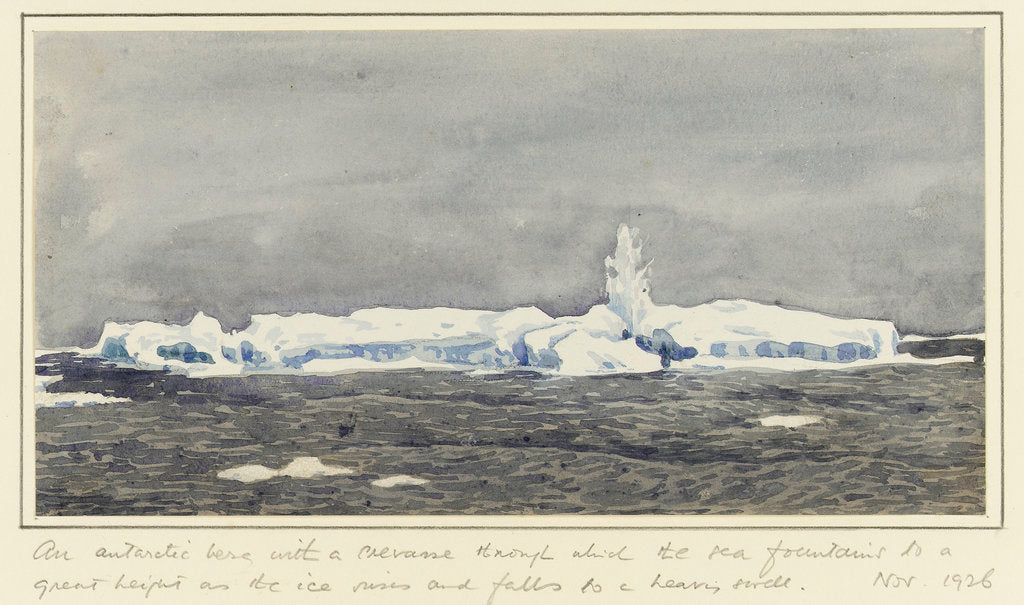 Detail of An antarctic berg with a crevasse through which the sea fountains to a great height as the ice rises and falls to a heavy swell by Alister Hardy