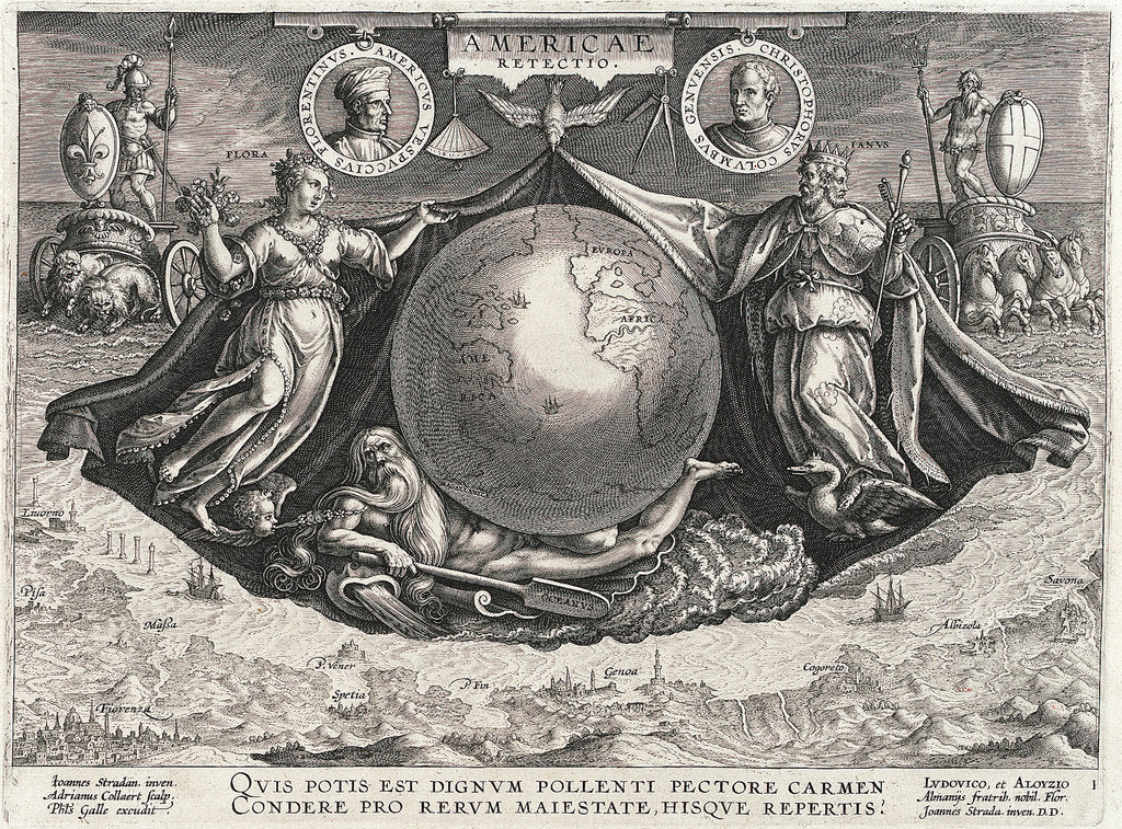 Detail of Americae Retectio (The Globe showing America, Africa and Europe and a panorama of Europe also portraits of Christopher Columbus and Amerigo Vespucci) by Johannes Stradanus