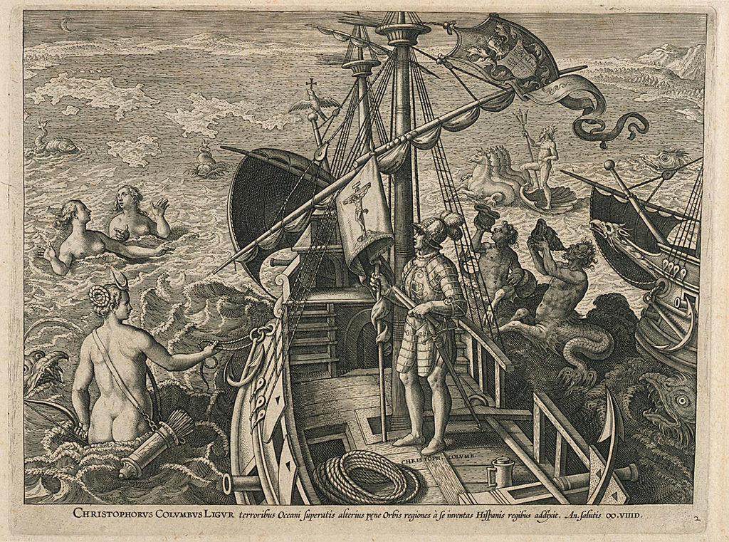 Detail of Christopher Columbus Ligur terroribus Oceani superatis alterius pene Orbis regiones a se inventas Hispanis regibus addixit by unknown