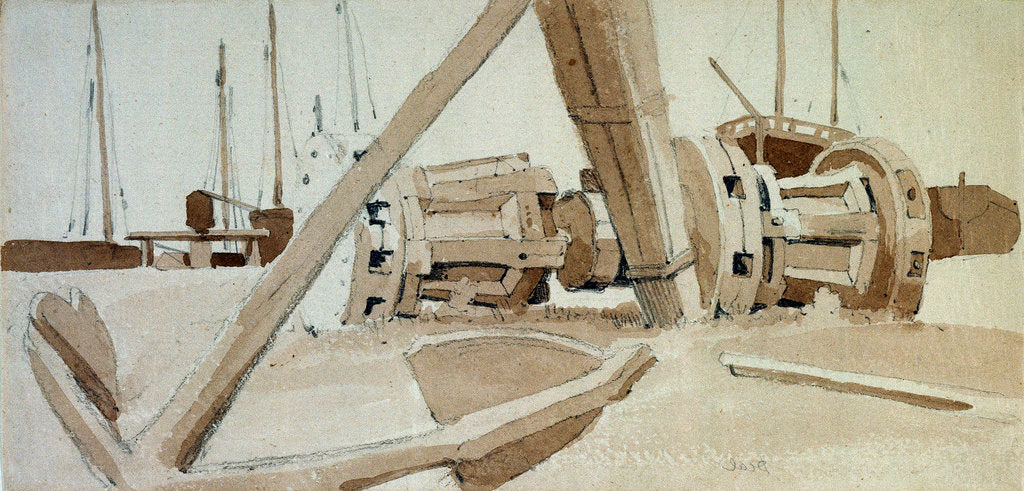 Detail of Study of an anchor and two capstans at Deal by Samuel Prout