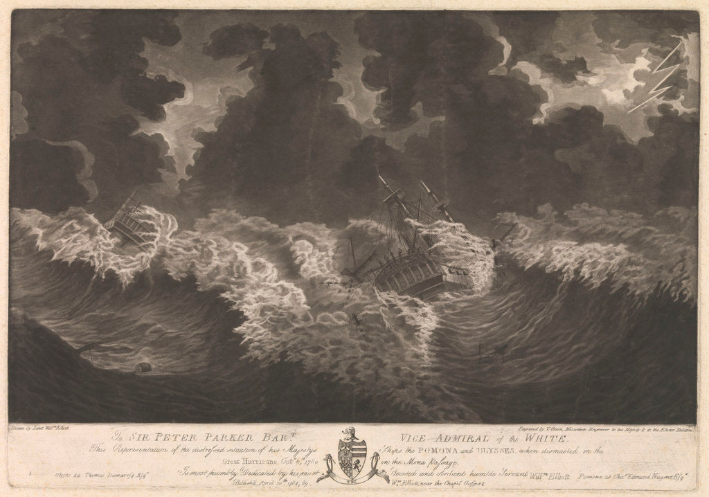 Detail of 'Pomona' (1778) and 'Ulysses'(1779) when dismasted in the great hurricane October 6th 1780 in the Mona Passage by Lt William Elliott