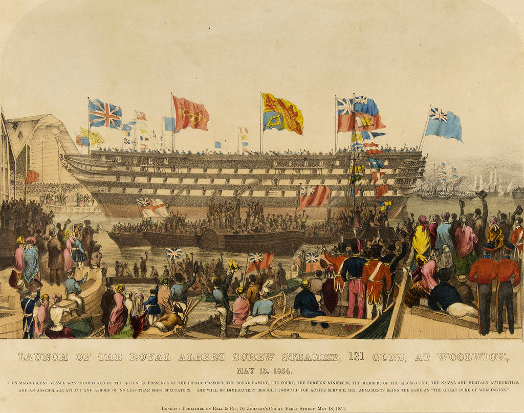 Detail of Launch of HMS Royal Albert screw steamer, 131 guns, at Woolwich, 13 May 1854 by Read & Co