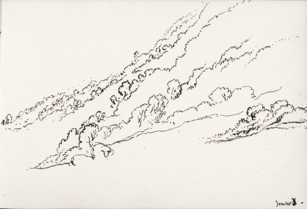 Detail of Sketch of hilly wooded landscape (on reverse and inverted) by John Brett