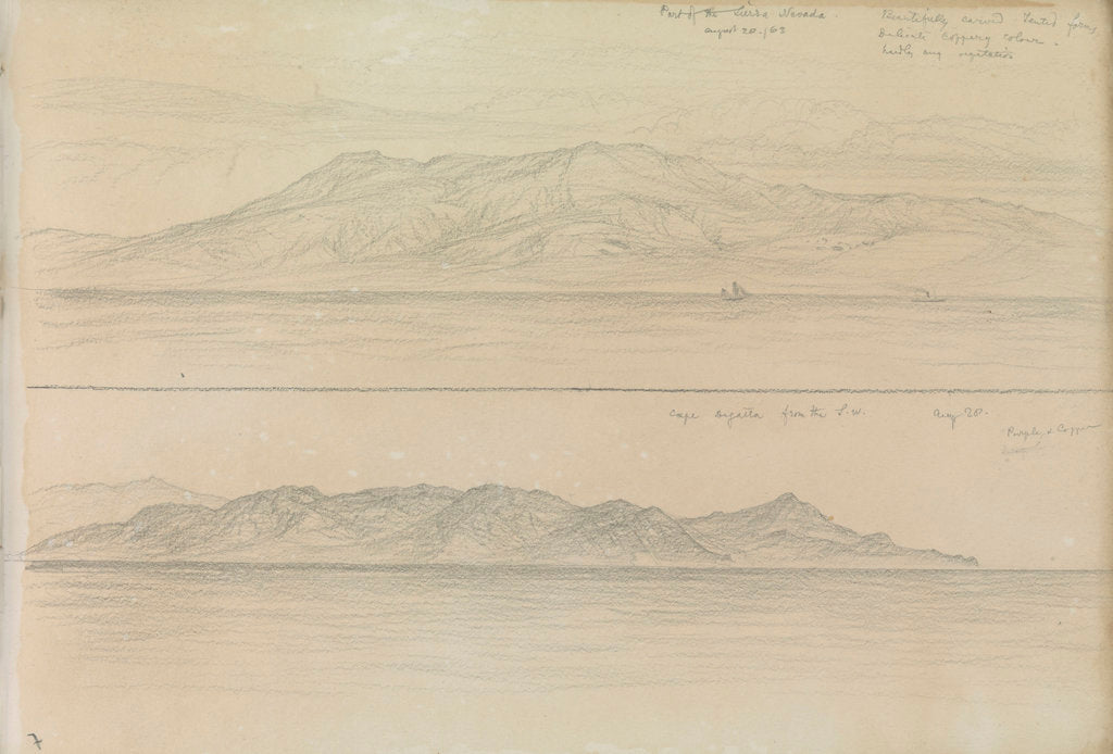 Detail of Sketch of a distant view of part of the Sierra Nevada and Cape Degatta by John Brett