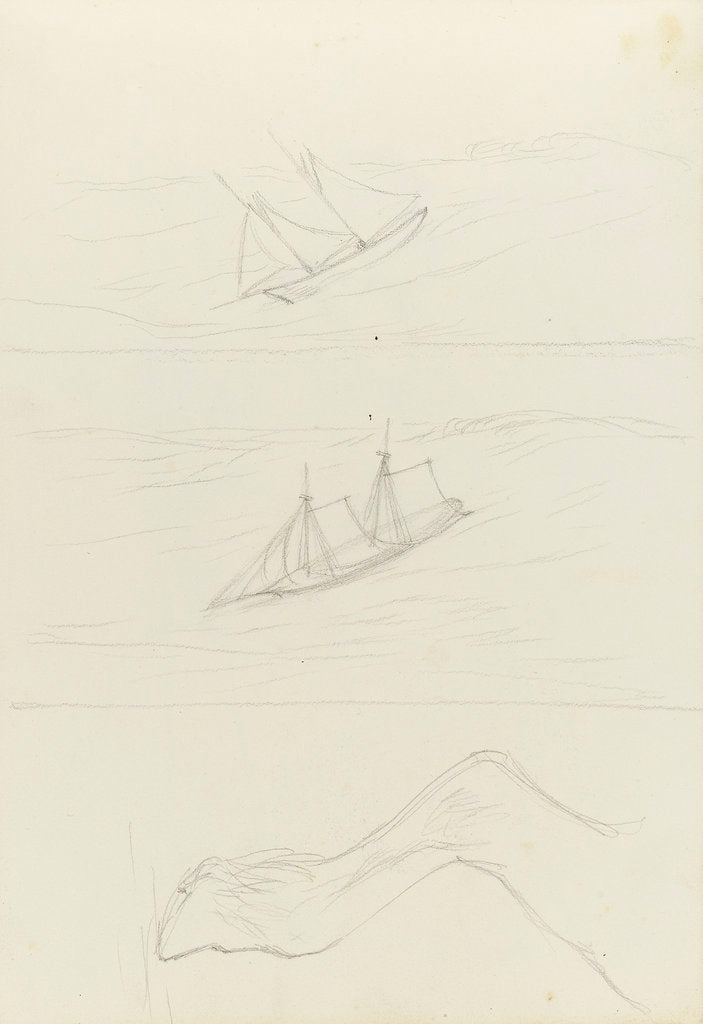 Detail of Two slight sketches of a two masted sailing craft and one of a horse's hind leg by John Brett