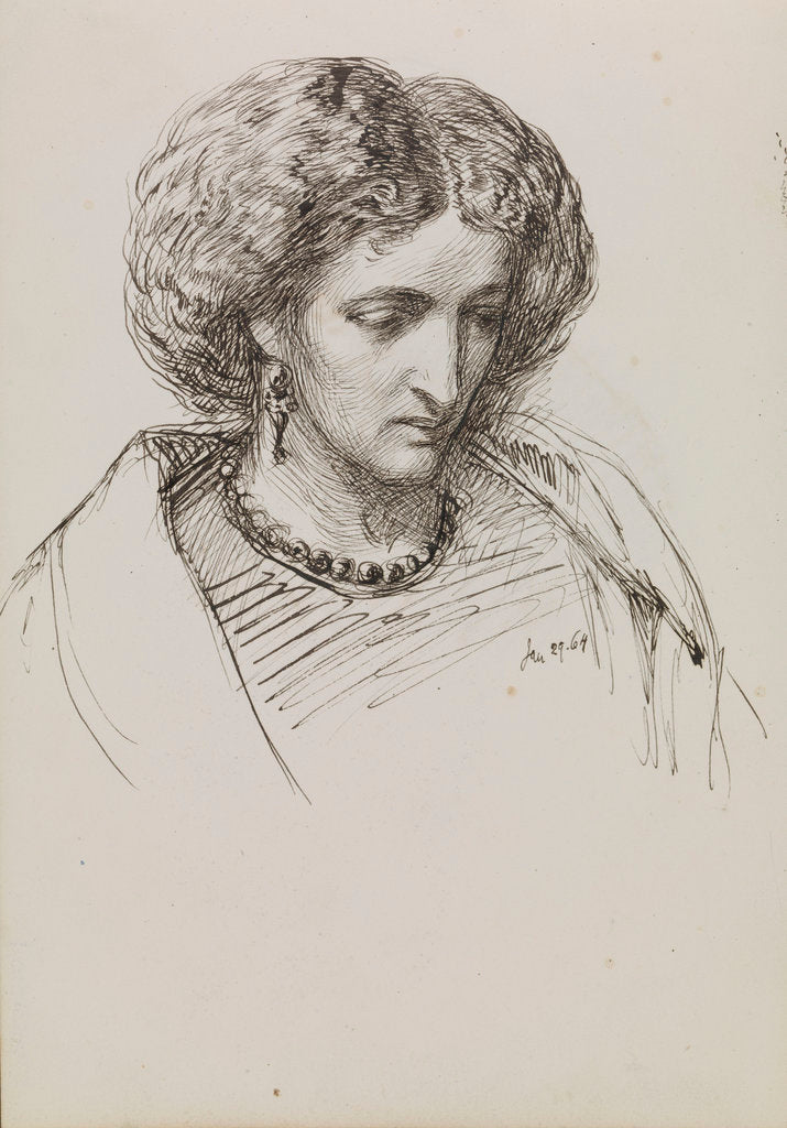 Detail of Head and shoulders portrait sketch of woman with eyes downcast by John Brett