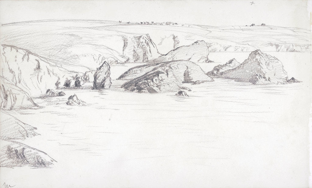 Detail of Sketch of a flat coastal view in Cornwall with rocks in the sea by John Brett