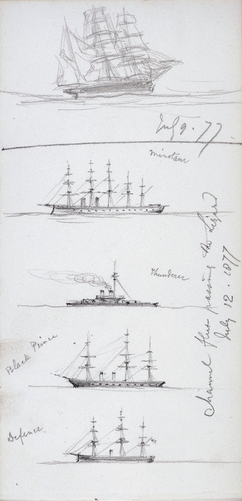 Detail of Sketch of a barque and sketches of HMS 'Minotaur', 'Thunderer', 'Black Prince', 'Defence' by John Brett
