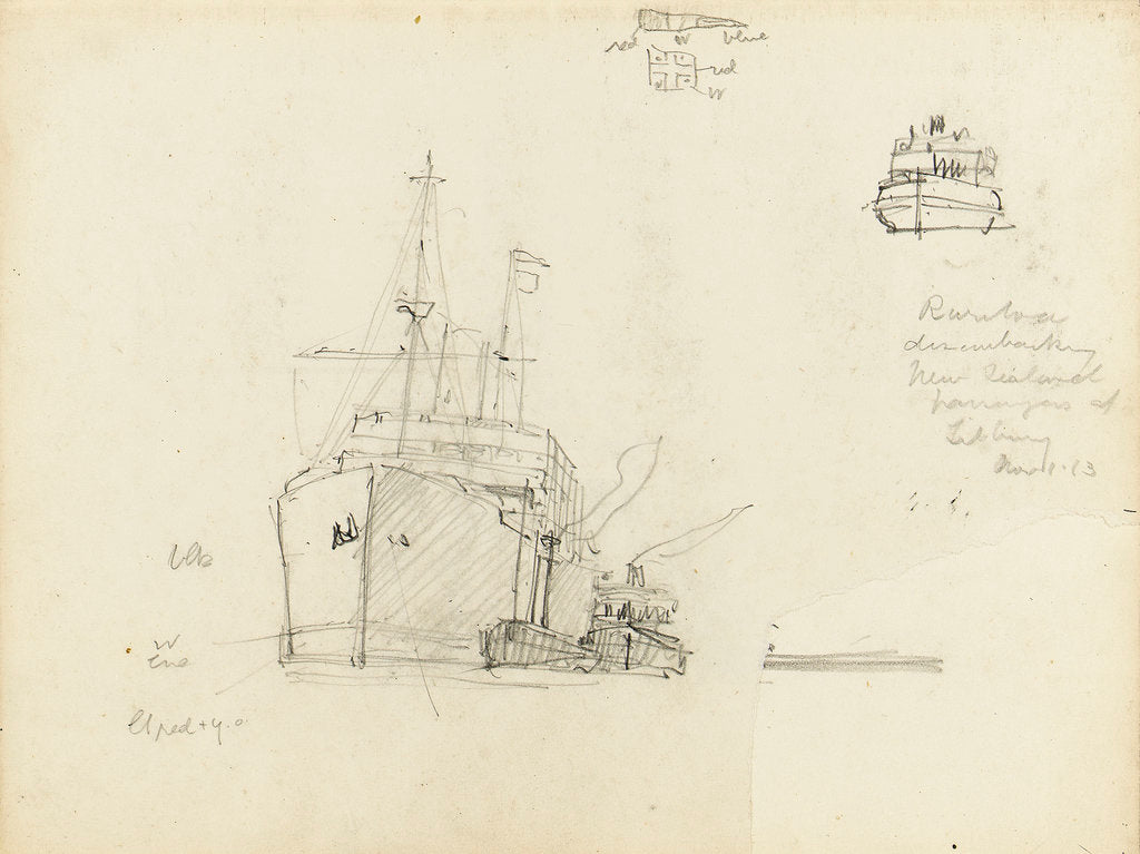 Detail of Sketch of Rotorua disembarking New Zealand passengers at Tilbury by Nelson Dawson