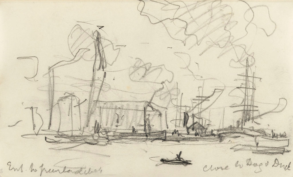 Detail of Rough sketch of busy Thames scene by Nelson Dawson