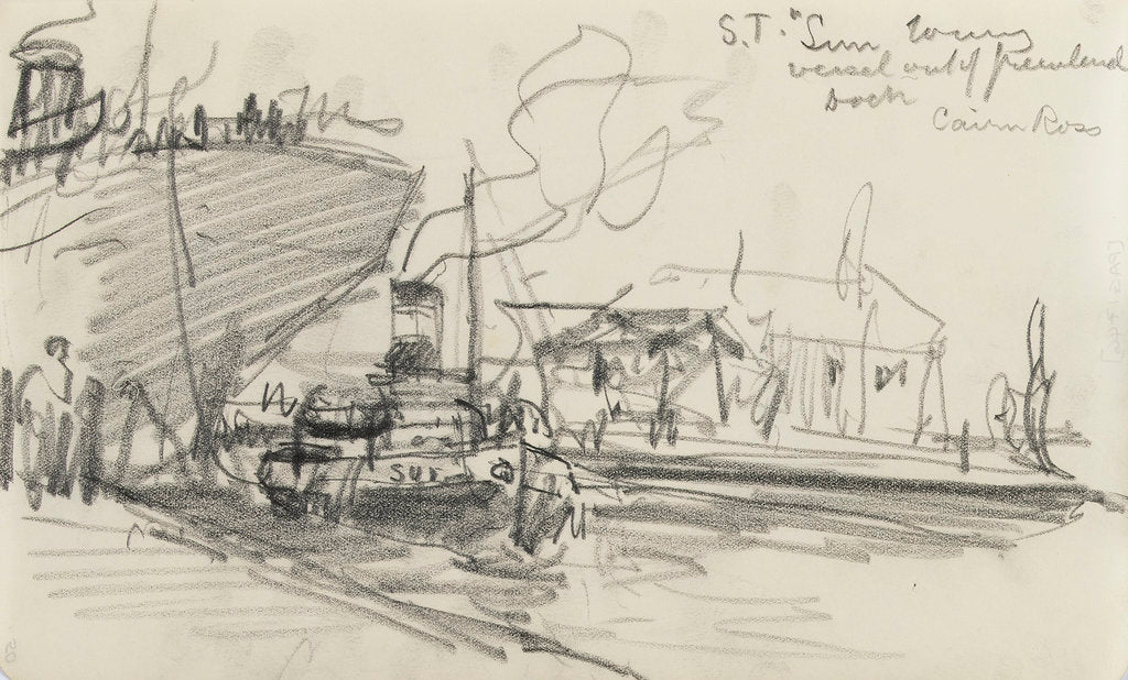 Detail of Sketch of Thames scene, 'S.T. Sun' towing the 'Cairn Ross' out of Greenland Dock (on reverse) by Nelson Dawson