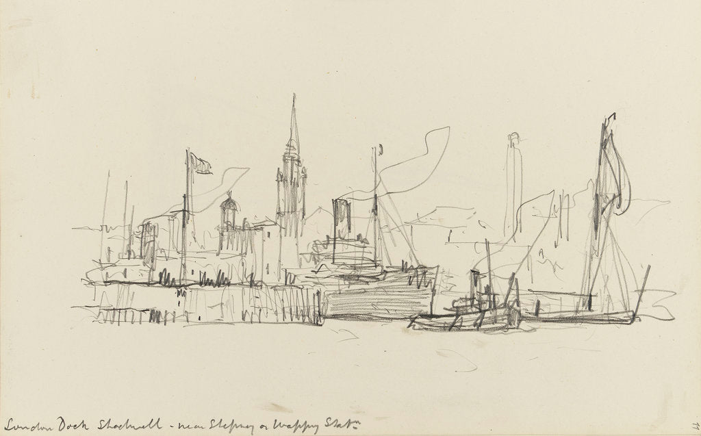 Detail of Sketch of various vessels in London Dock, Shadwell, near Stepney or Wapping Station by Nelson Dawson