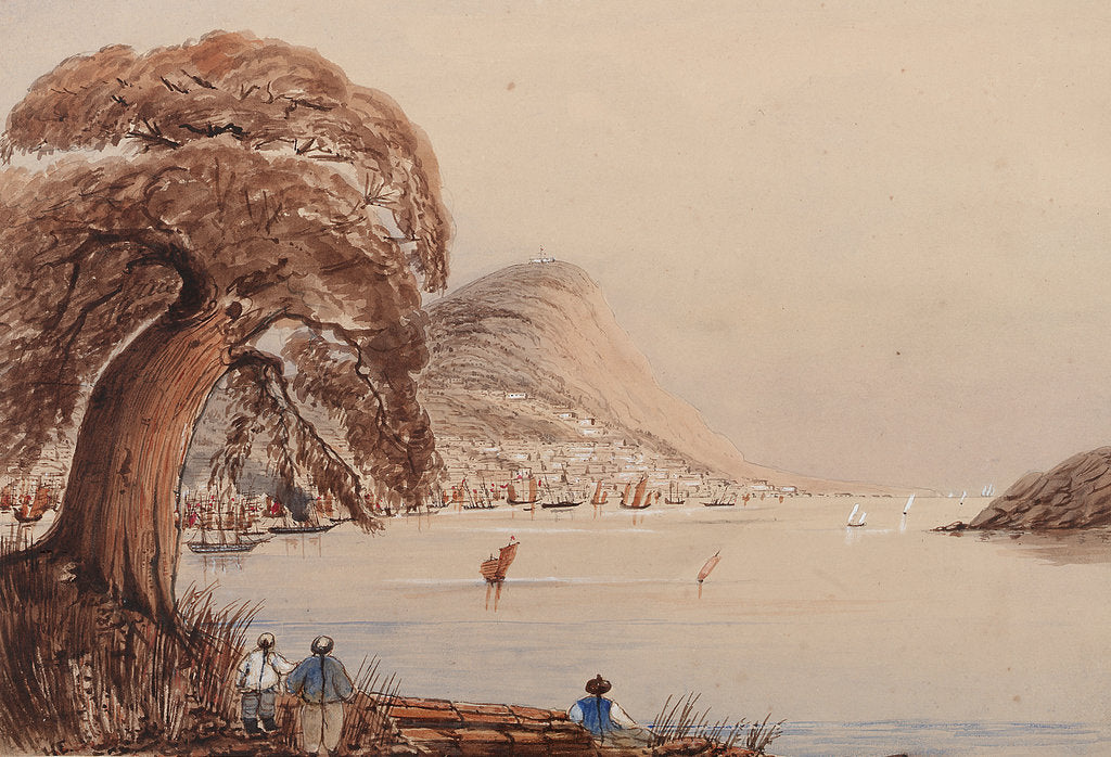 Detail of View of a coastal city with tree and figures in the foreground by Harry Edmund Edgell