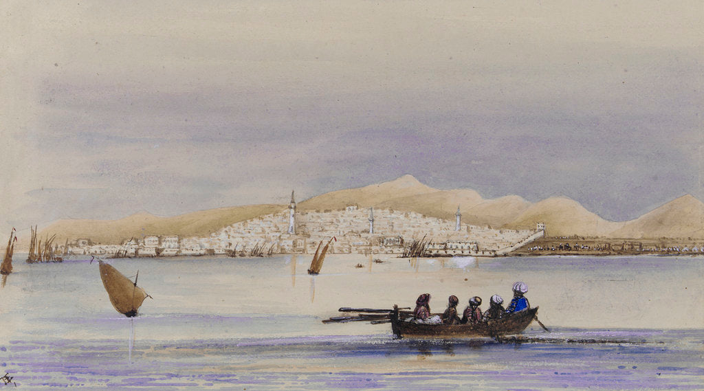Detail of Arabian dressed figures in a rowing boat with town of Djeddah on the Red Sea in background by Harry Edmund Edgell