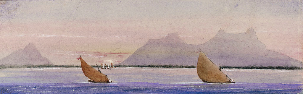 Detail of Coastal view with sailing vessels by Harry Edmund Edgell