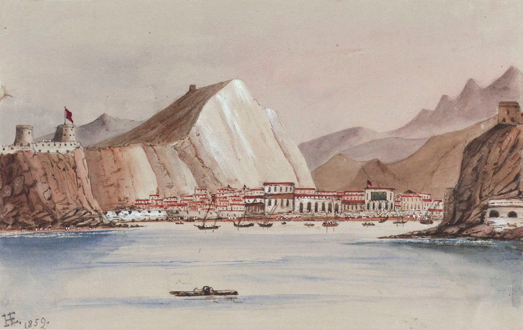 Detail of View of coastal town with mountains behind by Harry Edmund Edgell