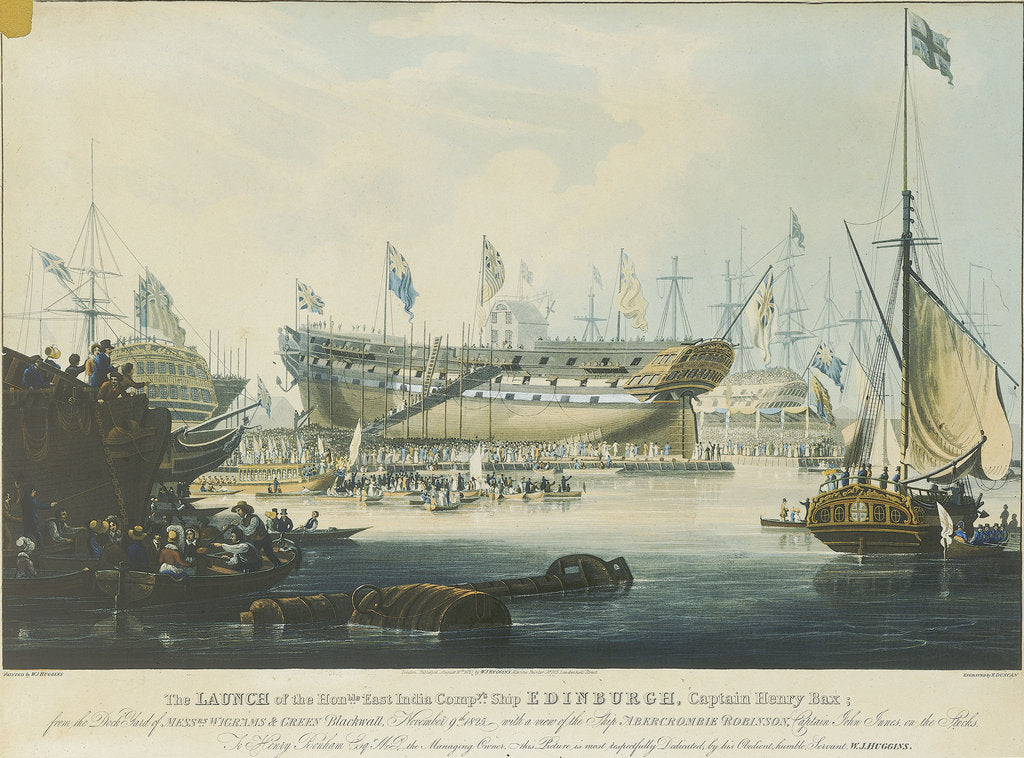 Detail of The Launch of the Honourable East India Company's Ship 'Edinburgh' from the dock yard of Messrs Wigrams & Green Blackwall with a view of the ship 'Abercrombie Robinson' on the stocks by William John Huggins