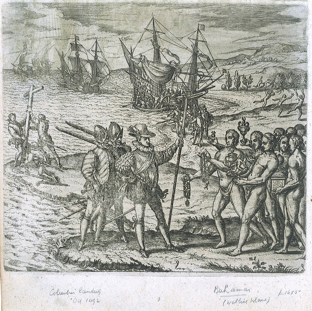 Detail of Christopher Columbus landing in 1492. Bahamas (Watling Island) by Gottfried