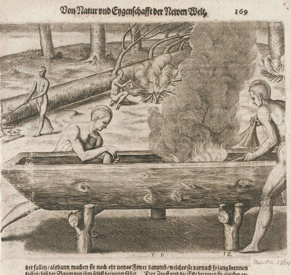 Detail of Natives hollowing tree trunks for boats, Florida 1564 by unknown