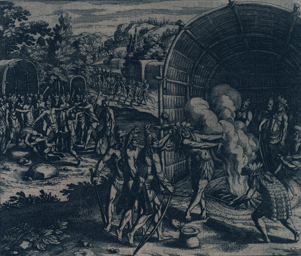 Detail of Virginia, 1607. Capture of Captain John Smith and barbarous dances of his Indian captors by Gottfried