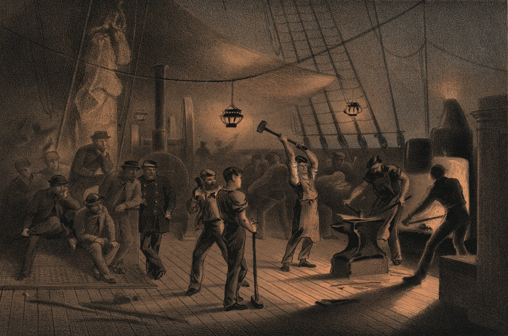 Detail of The forge on deck (of the 'Great Eastern') - night of August 9th preparing the iron plating for capstan by R. Dudley