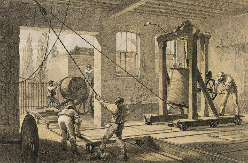 Detail of The reels of gutta percha covered conducting wire conveyed into tanks at the works at Greenwich by R. Dudley