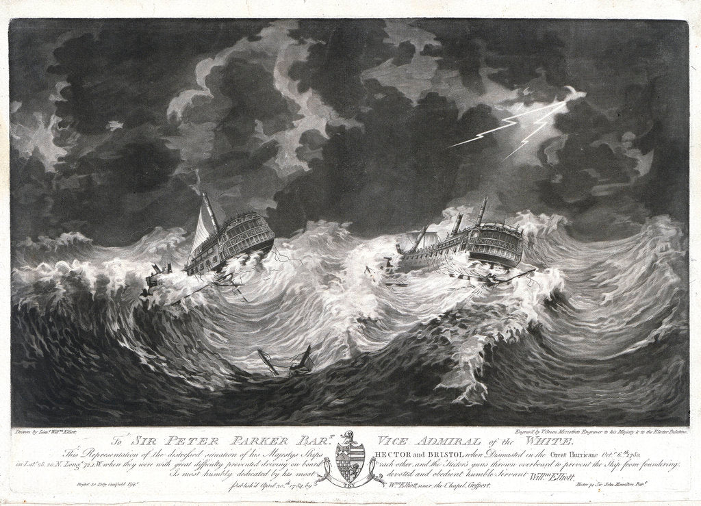 Detail of To Sir Peter Parker... This Representation of the distressed situation of his Majesty's Ships 'Hector' and 'Bristol' when dismasted in the Great Hurricane, Octr 6th, 1780... by... Willm Elliott by William Elliott
