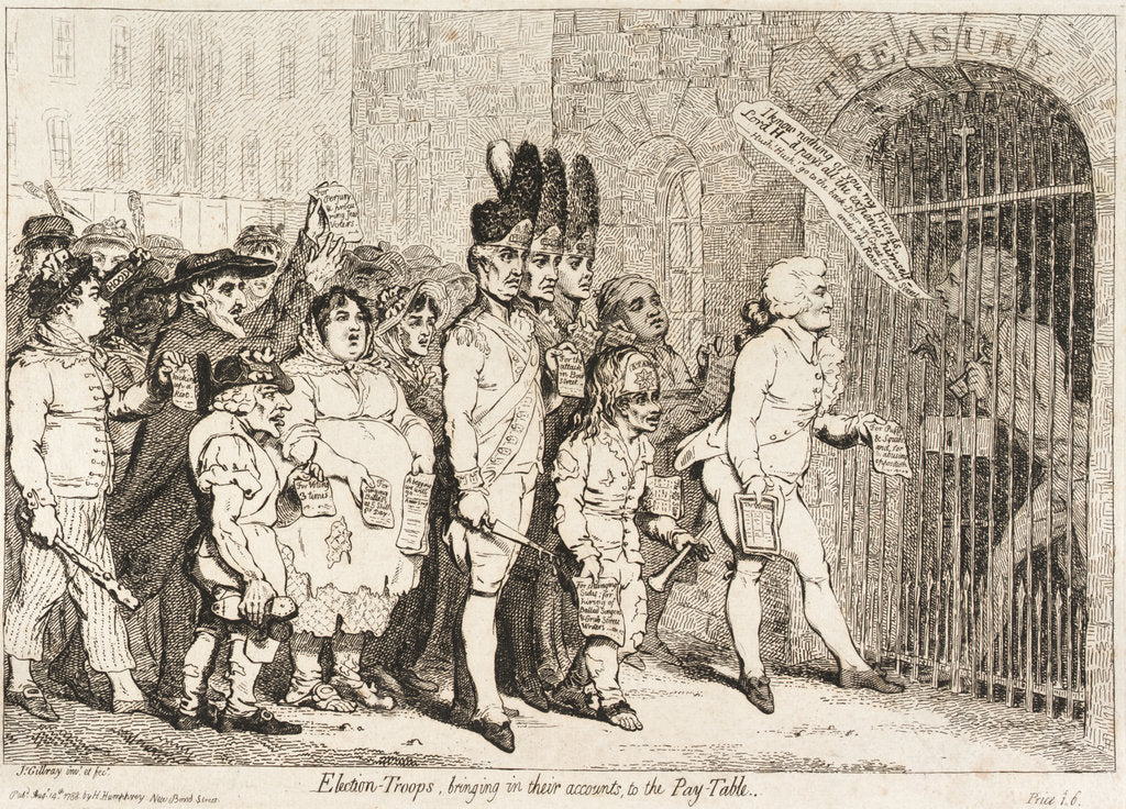 Detail of Election - Troops, bringing in their accounts to the Pay-Table (sailors voting for Lord Hood) by James Gillray