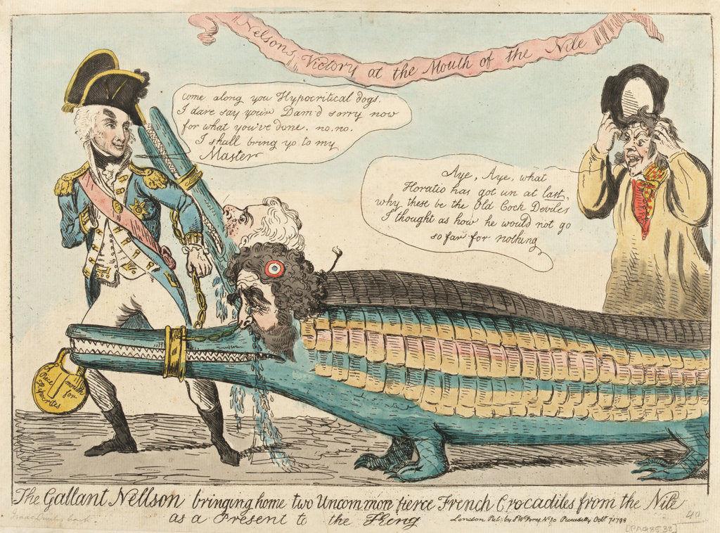 Detail of The Gallant Nelson bringing home two Uncommon fierce French Crocodiles from the Nile as a Present to the King by Isaac Cruikshank