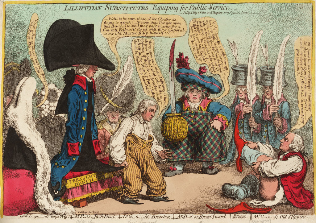 Detail of Lilliputian - Substitutes, Equiping for Public Service by James Gillray