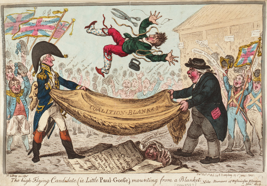 Detail of The - high - Flying Candidate, (i.e. Little Paul-Goose, ) mounting from a Blanket (Hood) by James Gillray