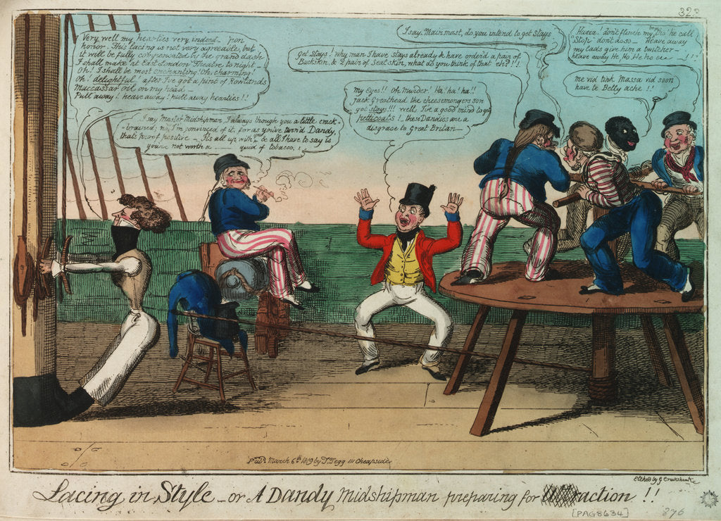 Detail of Lacing in Style - or A Dandy Midshipman preparing for action by George Cruikshank