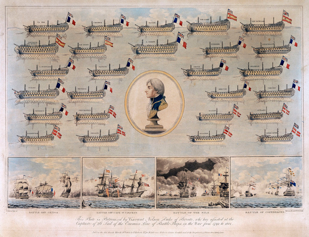Detail of Ships captured by Nelson 1793-1801 and Battle of Genoa, Battle off Cape St Vincent, Battle of the Nile and Battle of Copenhagen by Thomas Buttersworth