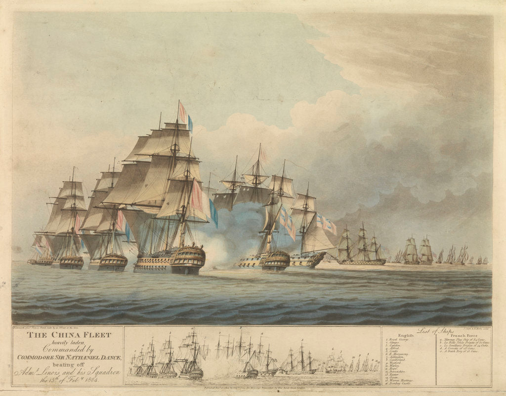 Detail of The China fleet heavily laden commanded by Commodore Sir Nathaniel Dance beating off Admiral Linois and his squadron the 15 February 1804 by Thomas Buttersworth