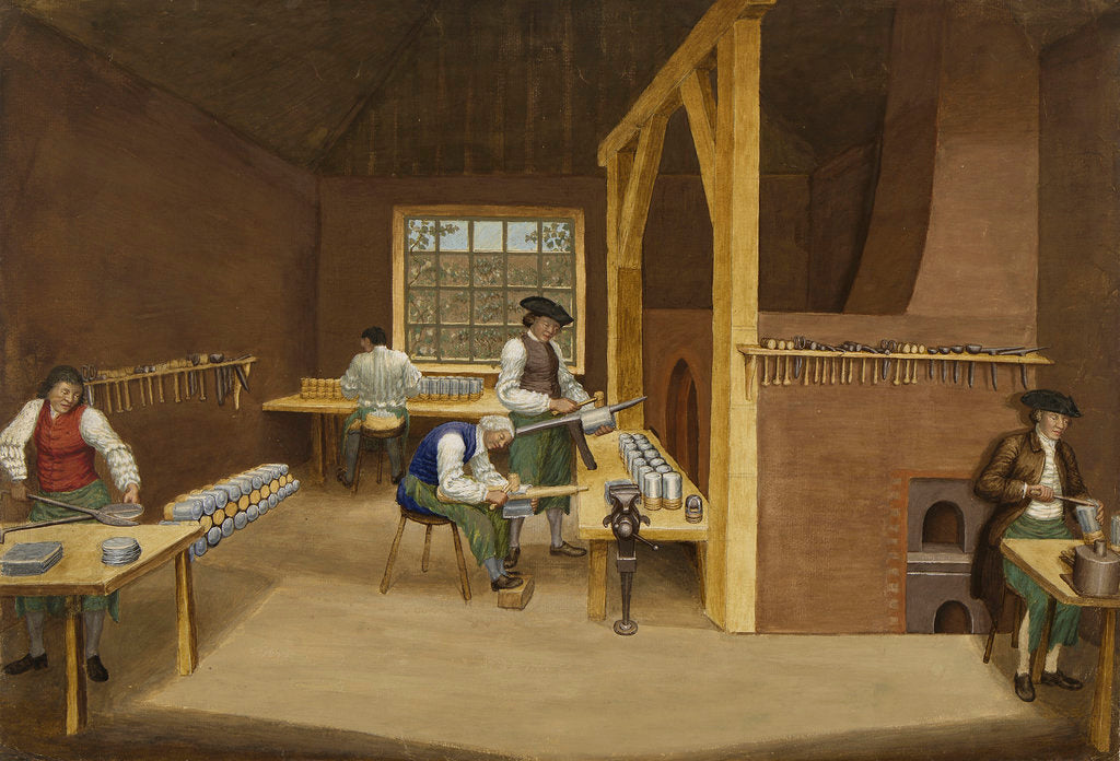 Detail of Woolwich Arsenal 1750: laboratory interior making charges by British School