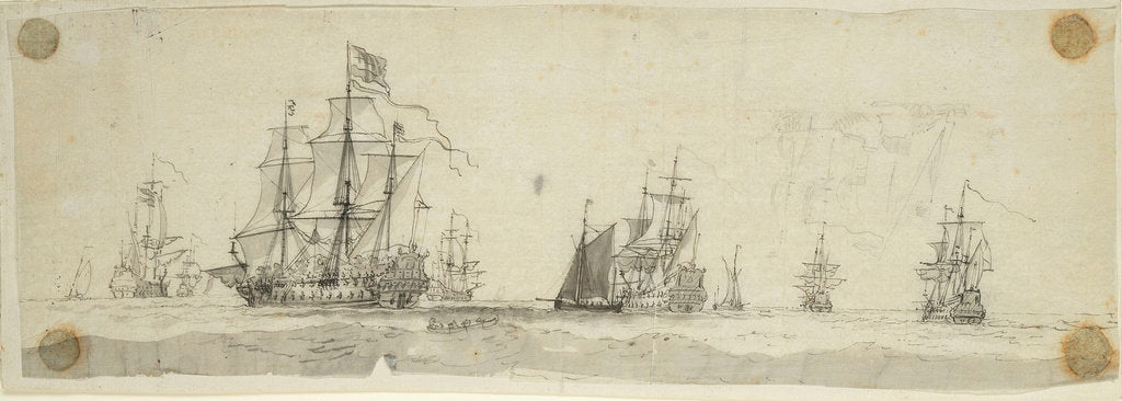 Detail of Dutch men of war and other vessels at sea by Willem van de Velde the Elder