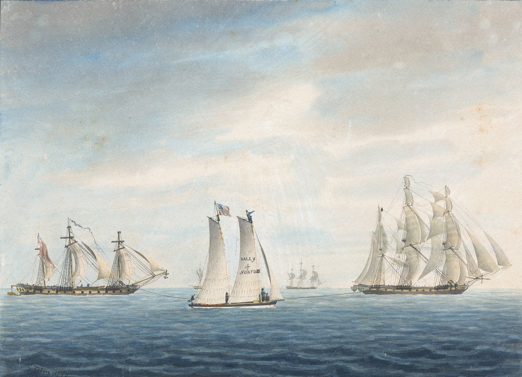 Detail of No 2. Dec 31st 1794. The Cleopatra towing the Thetis towards the Chesapeake. Lynx and Thisbe attending... A Virginian pilot boat the Sally of Norfolk in the foreground by George Tobin